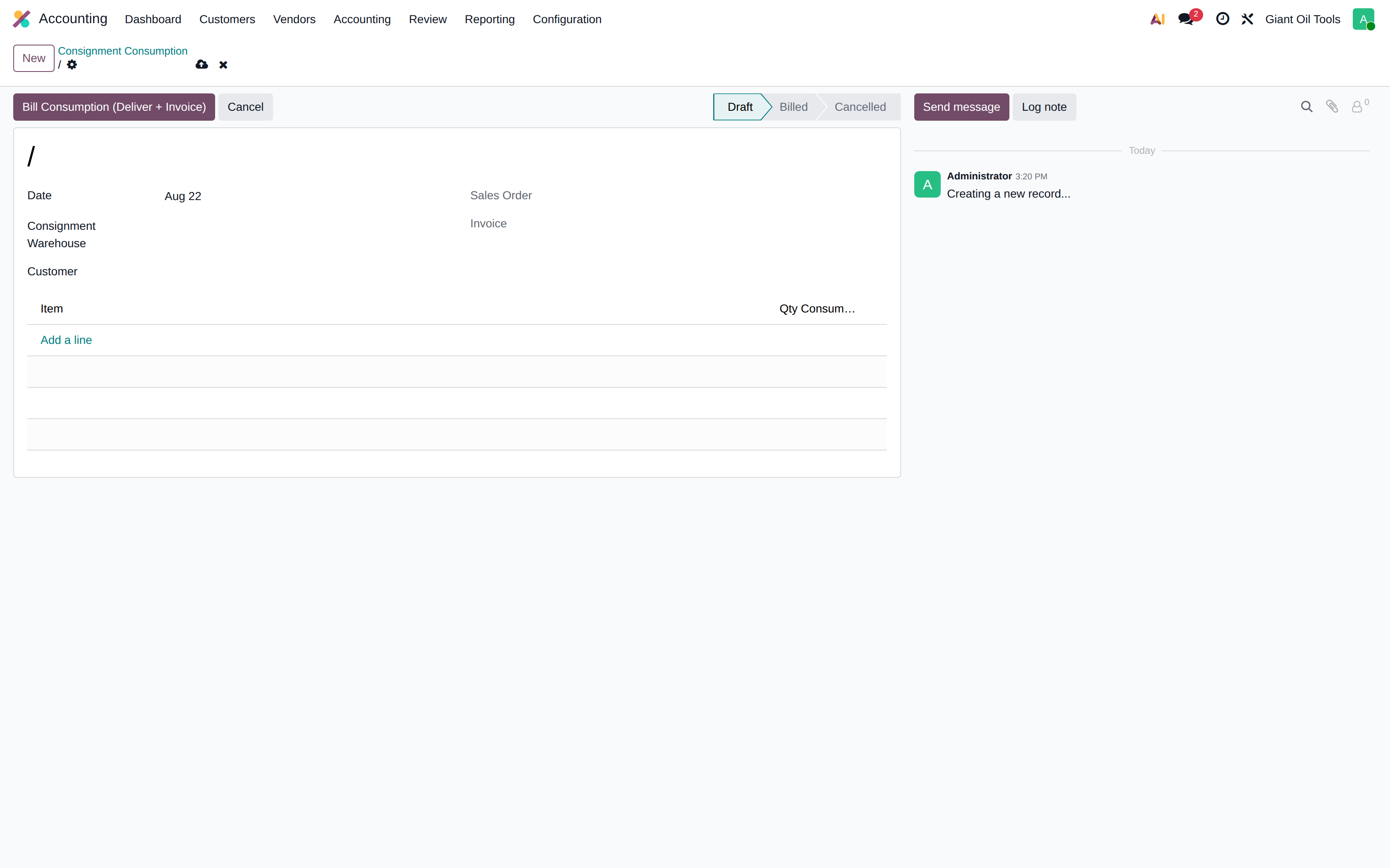 The consignment consumption form